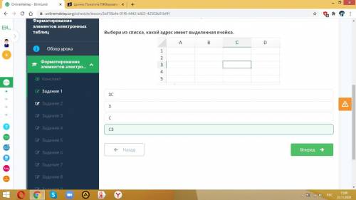 Форматирование элементов электронных таблицВыбери из списка, какой адрес имеет выделенная ячейка.￼3С