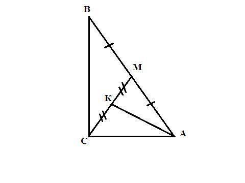 решить задачу по геометрии В треугольнике ABC угол C=90°, AC=12 см, BC=16 см, СМ-медиана,К - середин