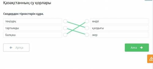 Қазақстанның су қорлары Сөздерден тіркестерін құра.теңіздің тартымаБалқашөңіріқалдығыжерАртқаТексеру