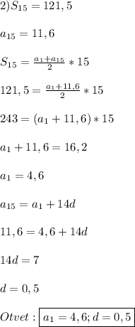 2)S_{15} =121,5\\\\ a_{15}=11,6\\\\S_{15}=\frac{a_{1}+a_{15}}{2}*15\\\\121,5=\frac{a_{1} +11,6}{2}*15\\\\243=(a_{1}+11,6)*15\\\\a_{1}+11,6=16,2\\\\a_{1}=4,6\\\\a_{15}=a_{1} +14d\\\\11,6=4,6+14d\\\\14d=7\\\\d=0,5\\\\Otvet:\boxed{a_{1}=4,6;d=0,5}