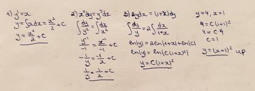 1. y'=x (найти общее решение) 2. x²dy=y²dx (найти общ. решение) 3. 2ydx=(1+x)dy; y=4, x=1 (найти общ