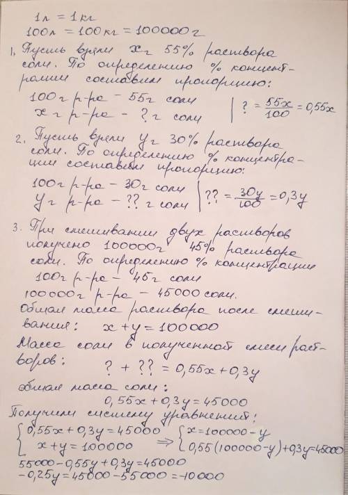 Чтобы получить 100 литров 45% раствора соли, добавьте 55% и 30% использовались сплавы. Сколько литро