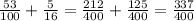 \frac{53}{100} + \frac{5}{16} = \frac{212}{400} + \frac{125}{400} = \frac{337}{400}