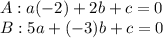 A: a(-2)+2b+c=0\\B: 5a+(-3)b+c = 0