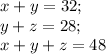 x + y = 32;\\y + z = 28;\\x + y + z = 48