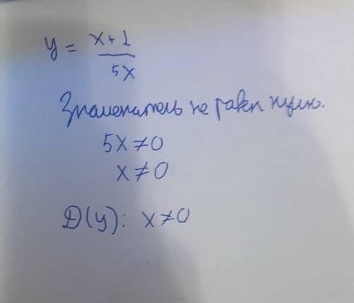 Найдите область определения функции y= x+1/5x D(y) : x≠0 и x≠−1 D(y) : x≠−1 D(y) : x - любое число