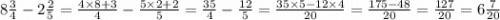 8 \frac{3}{4} - 2 \frac{2}{5} = \frac{4 \times 8 + 3 }{4} - \frac{5 \times 2 + 2}{5} = \frac{35}{4} - \frac{12}{5} = \frac{35 \times 5 - 12 \times 4}{20} = \frac{175 - 48}{20} = \frac{127}{20} = 6 \frac{7}{20}