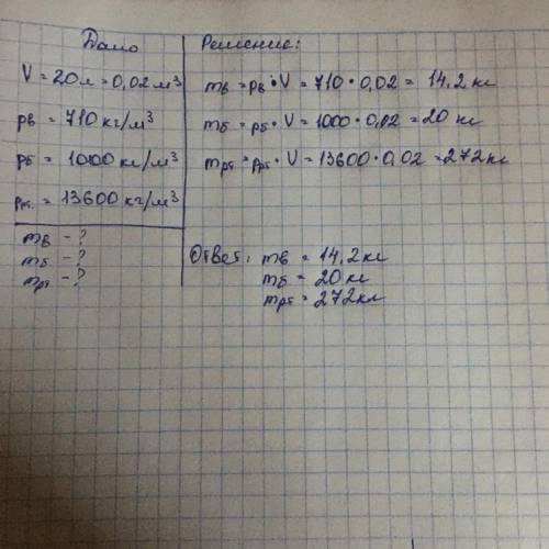 Определите массу ртути объёмом 20 л дано, решение, найти, ответ​