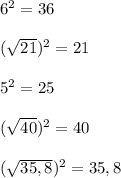 6^2 = 36\\\\(\sqrt{21}) ^2 = 21\\\\5^2 = 25\\\\(\sqrt{40}) ^2 = 40\\\\(\sqrt{35,8}) ^2 = 35,8