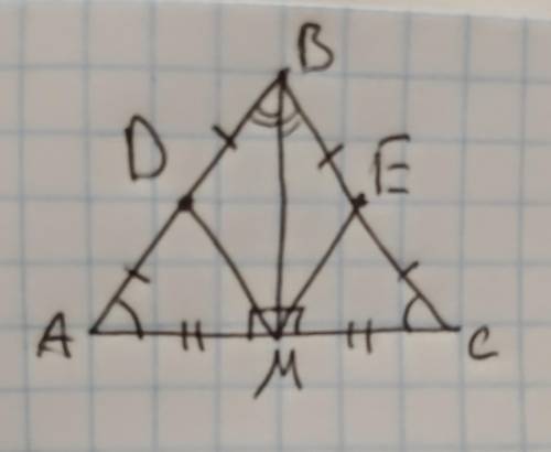 у рівнобедреному трикутнику ABC точки D і E є серединами бічних сторін AB і BC відповідно BM- висота