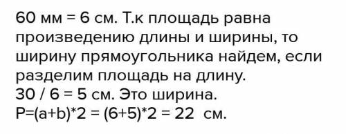 Площадь прямоугольника равна 30 см в квадрате одна сторона его 6 см. найди периметр прямоугольника ​