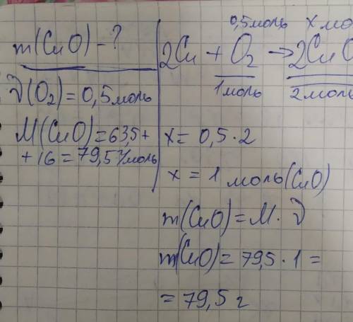 Найдите массу оксида меди (CuO), если на окисление меди (Cu) затратили 0,5 моль кислорода (O2)