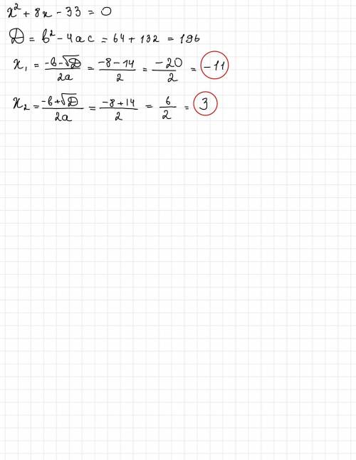 X² + 8x - 33 = 0 решите через дискриминант