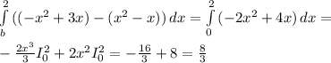\int\limits^2_b {((-x^2+3x)-(x^2-x))} \, dx =\int\limits^2_0 {(-2x^2+4x)} \, dx =\\\\-\frac{2x^3}{3} I_0^2+2x^2 I_0^2=-\frac{16}{3} +8=\frac{8}{3}