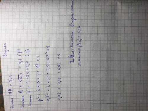 В популяции частота доминантных гомозигот равна 0,01. Определи частоту встречаемости гетерозигот.