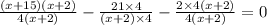 \frac{(x + 15)(x + 2)}{4(x + 2)} - \frac{21 \times 4}{(x + 2) \times 4} - \frac{2 \times 4(x + 2)}{4(x + 2) } = 0