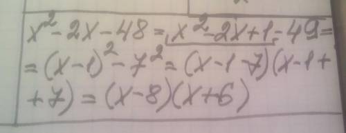 С МАЛЕНЬКИМ ПРИМЕРОМ х^2-2x-48 Разложение квадратного трехчлена на множители, выделяя полный квадрат