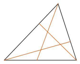 Большой треугольник разбит тремя жёлтыми отрезками на 4 треугольника и 3 четырёхугольника. Сумма пер