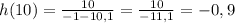h(10)=\frac{10}{-1-10,1} =\frac{10}{-11,1} =-0,9