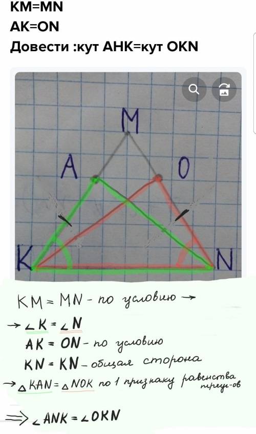 Дано :трикутник КМN-рiвнобедренийКМ=МNАК=ОNДовести :кут АНК=кут ОКN​