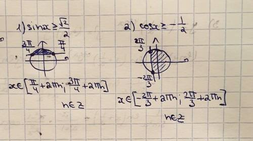 Сделайте рисунки к неравенствам:1.Sinx>=√2/22.Cosx>=-1/2​