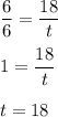 \displaystyle \frac{6}{6}= \frac{18}{t}\\ \\ 1= \frac{18}{t}\\ \\ t= 18