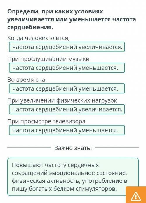 Определи, при каких условиях увеличивается или уменьшается частота сердцебиения. Когда человек злитс