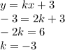 y = kx + 3 \\ - 3 = 2k + 3 \\ - 2k = 6 \\ k = - 3