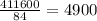 \frac{411600}{84} = 4900