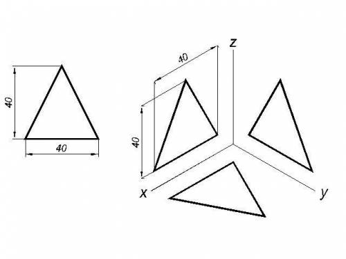 Постройте аксонометрические проекции квадрата (со стороной 40 мм) и треугольника (сторона 40 мм и вы