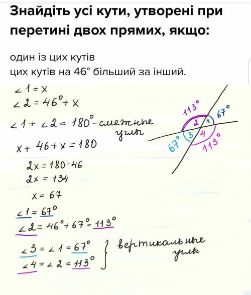 Знайдіть усі кути, утворені при перетині двох прямих, якщо: один із цих кутівцих кутів на 46° більши