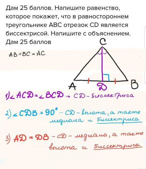 Напишите равенство, которое покажет, что в равностороннем треугольнике АВС отрезок СD является биссе