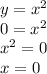 y = x {}^{2} \\ 0 = x {}^{2} \\ x {}^{2} = 0 \\ x = 0