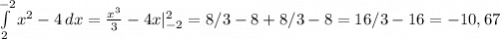 \int\limits^{-2}_2 {x^2-4} \, dx =\frac{x^3}{3} -4x|^2_{-2}=8/3-8+8/3-8=16/3-16= -10,67