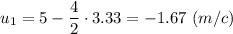 u_1 = 5- \dfrac{4}{2} \cdot 3.33 = -1.67~(m/c)