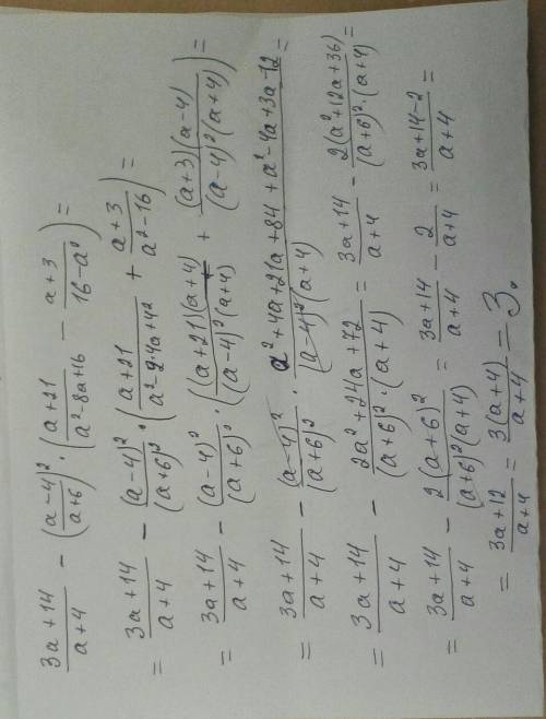 Доведіть, що при всіх допустимих значеннях a значення виразу 3a+14/a+4 - (a-4/a+6)^2 × (a+21/a^2 - 8