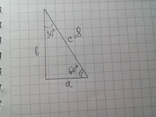 В прямоугольном треугольнике гипотенуза равна с = 8 cm, а ост- рый угол равен a = 30°. Найдите катет