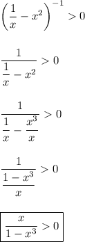 \left (\dfrac{1}{x} - x^2\right )^{-1} 0\\\\\\\dfrac{1}{\dfrac{1}{x} - x^2} 0\\\\\\\dfrac{1}{\dfrac{1}{x} - \dfrac{x^3}{x}} 0\\\\\\\dfrac{1}{\dfrac{1-x^3}{x}} 0\\\\\\\boxed{\dfrac{x}{1-x^3} 0}