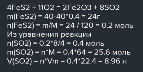 Сколько граммов диоксида серы можно получить из 40 г железного пирита (FeS2), содержащего 40% примес