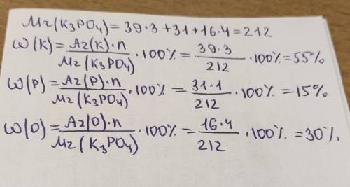 Розрахуйте масові частки елементів за формулами:К3РО4