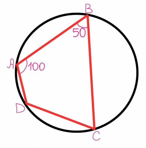 Знайдіть невідомі кути чотирикутника abcd вписаного в коло якщо кутА=100° кутВ=50°​