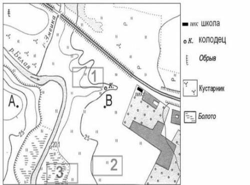 Определить азимут по плану местности. От школы до точки 20,1?От точки А до ж/ д моста?От точки В до