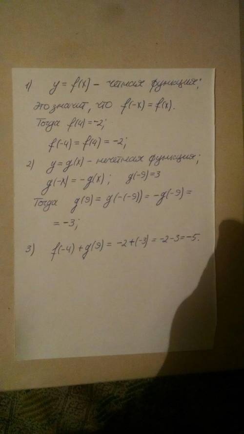 Известно, что функция y=f(x) является честной, а функция y=q(x) нечетной и f(4) =-2,q(-9)=3.Найдите