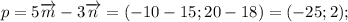p=5\overrightarrow {m}-3\overrightarrow {n}=(-10-15; 20-18)=(-25;2);