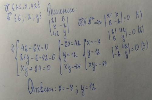 Найди значения x и y, при которых векторы a→(21;x;42) и b→(6;−2;y) будут коллинеарны. ответ: x= ;y=