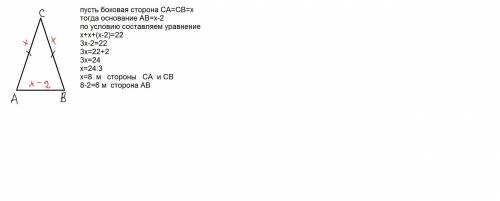 Дано: AABC, CA = СВ. Основание треугольника на 2 м меньше боковой стороны. Периметр треугольника ABC