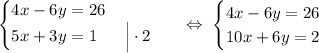 \begin{equation*}\begin{cases}4x - 6y = 26\\5x + 3y = 1\ \ \ \ \ \Big| \cdot 2\end{cases}\end{equation*}\ \ \ \Leftrightarrow\ \begin{equation*}\begin{cases}4x - 6y = 26\\10x + 6y = 2\end{cases}\end{equation*}