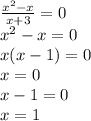 \frac{x {}^{2} - x }{x + 3} = 0 \\ {x}^{2} - x = 0 \\ x(x - 1) = 0 \\ x = 0 \\ x - 1 = 0 \\ x = 1