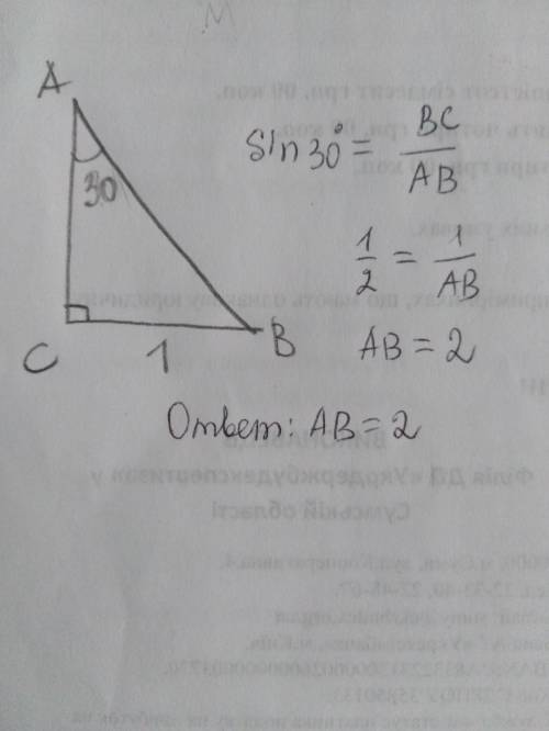 В треугольнике ABC угол с равен 90°, угол А равен 30 , BC = 1 . Найдите АВ​