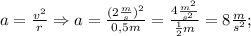 a=\frac{v^{2}}{r} \Rightarrow a=\frac{(2\frac{m}{s})^{2}}{0,5m}=\frac{4\frac{m^{2}}{s^{2}}}{\frac{1}{2}m}=8\frac{m}{s^{2}};